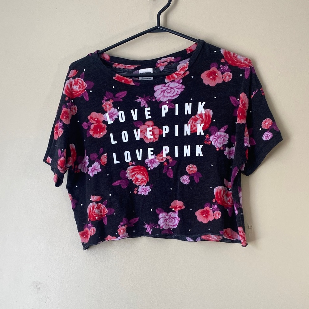 Victoria’s Secret PINK Floral Crop Tee Rhinestone Graphic XS Black Pink